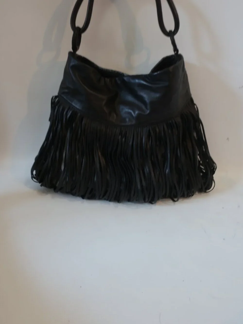 Womens Katherine Kwei Black Leather Snakeskin Texture Fringe Rhinestone Hobo Bag